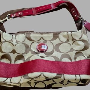 Coach Tan and Red Stripe Signature Shoulder Bag